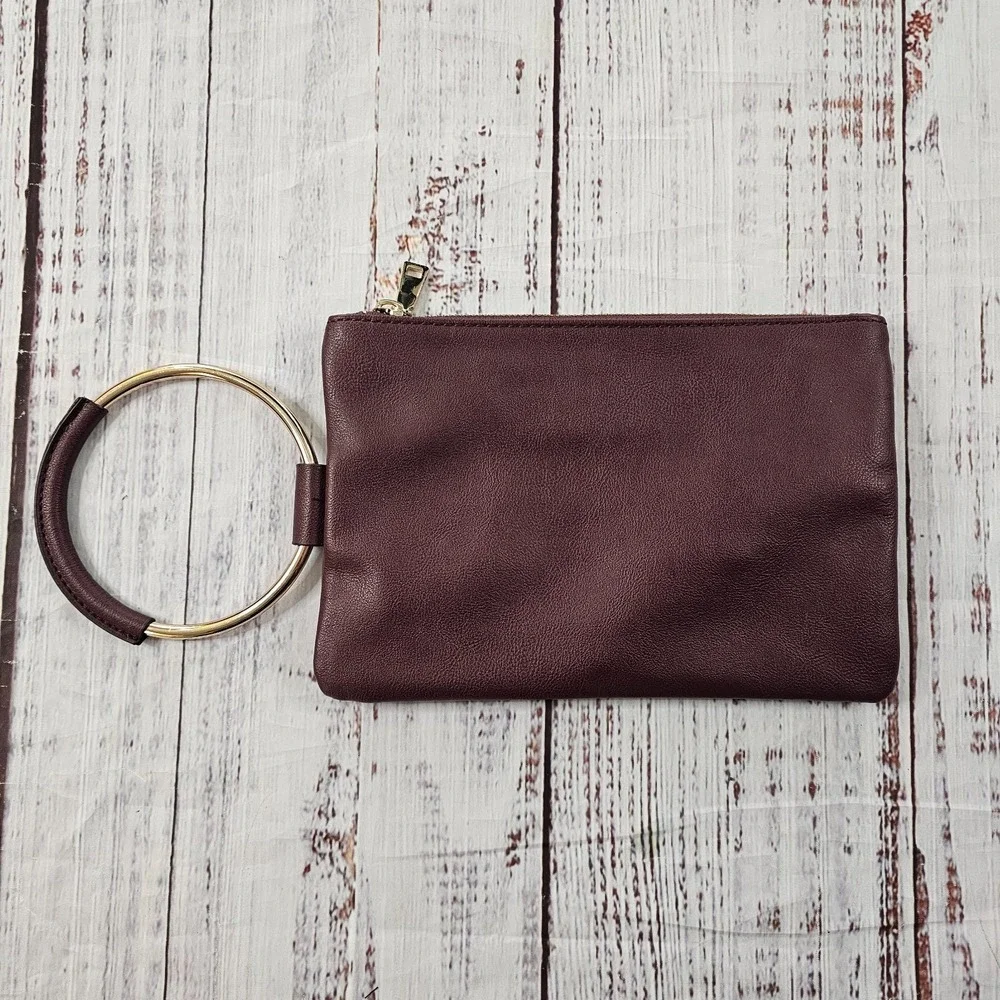 INC Burgundy Faux Leather Ring Handle Clutch Wristlet